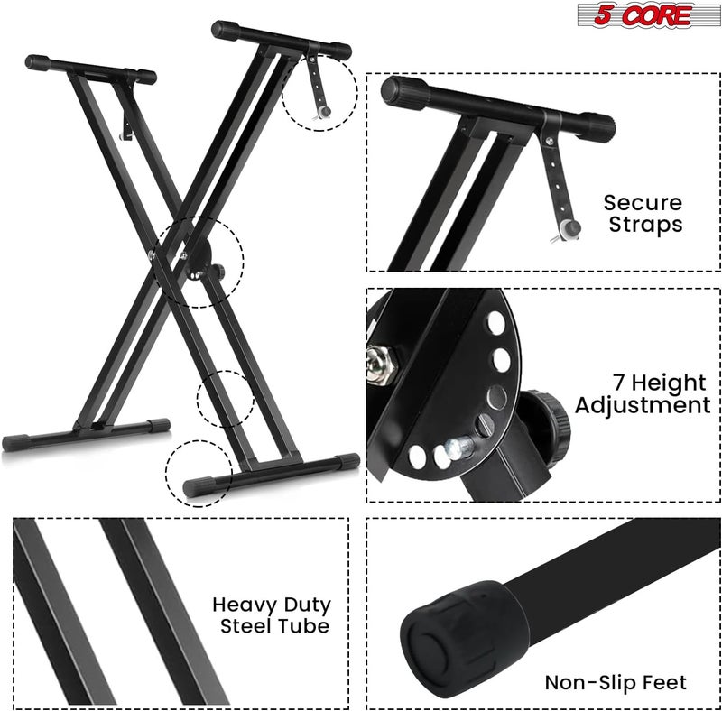 5 Core Piano Keyboard Stand Double X Heavy Duty 7 Adjustable Heights & Width Digital Electric Synthesizer Music Stands For 61 76 88 Keys w Secure Locking Strap KS 2X BLK - Image 4